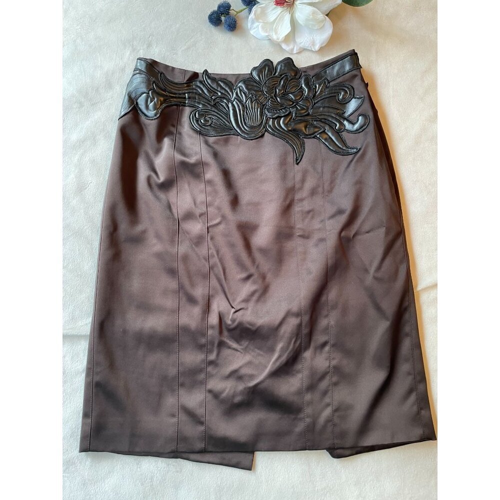 Karen Millen Brown Pencil Skirt With Floral Appliqué Size US 10